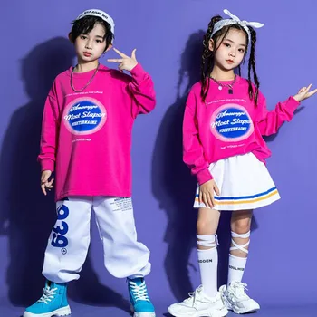 Детская подростковая одежда в стиле Kpop, одежда в стиле хип-хоп, Розовая толстовка, топы, Белые штаны для бега трусцой для девочек и мальчиков, костюм для джазовых уличных танцев, одежда