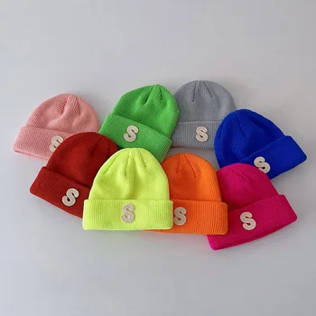 Детская шапочка-бини ярких цветов, вязаная шапка с простым письмом для детей, мальчиков и девочек, осенне-зимняя утепленная шапочка для малышей Gorras
