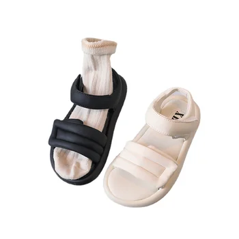 Детские сандалии на плоской платформе Модная обувь для мальчиков и девочек с круглым носком Летняя Черная Бежевая Размер 26-37 уличная детская пляжная обувь