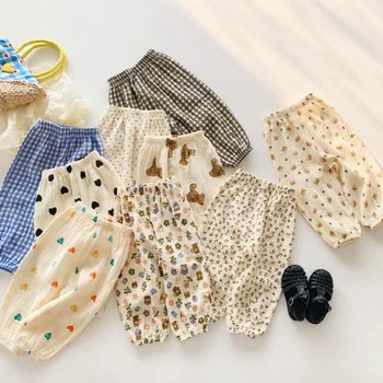 Детские хлопчатобумажные брюки Для новорожденных малышей, Свободные брюки для мальчиков, повседневные шаровары, Весна-лето, Милая Мягкая муслиновая одежда, Брюки-капри