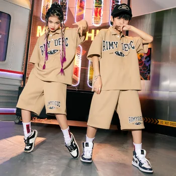 Детский танцевальный костюм в стиле хип-хоп Для девочек, Летняя рубашка в горошек с отворотом и принтом, Свободные шорты с эластичной талией, 2 предмета уличной одежды, повседневная одежда для мальчиков