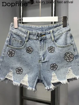 Джинсовые женские джинсы с вышивкой и высокой талией, для похудения, 2023, Летние Новые Тонкие рваные Шорты с широкими штанинами, джинсовые горячие брюки