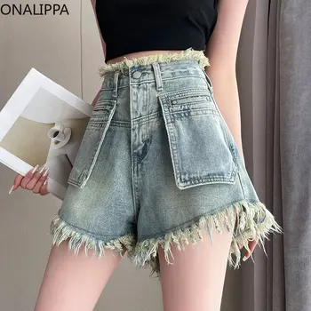 Джинсовые шорты Onalippa с высокой талией, большими карманами и кисточками, универсальные джинсовые шорты с широкими штанинами, Корейская модная Свободная Женская одежда