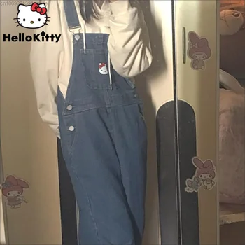 Джинсы с принтом Sanrio, мешковатые брюки с рисунком Hello Kitty, женский свободный повседневный джинсовый комбинезон с высокой талией, брюки Y2k Kawaii, брюки на подтяжках,