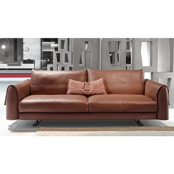 Диван из натуральной кожи Минималистичный диван в ретро-индустриальном стиле из матовой кожи для гостиной с прямым рядом диванов
