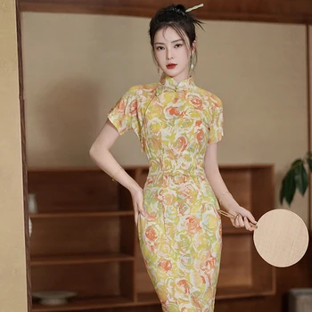 Дизайн в стиле Ципао, элегантное платье Чонсам с цветочным рисунком, приталенное миди-платье в китайском стиле ципао в стиле ретро для свадеб и вечеринок