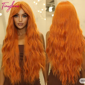 Длинные Кудрявые Волнистые Оранжево-желтые Синтетические парики с длинной челкой Косплей для женщин Afro Deep Wave Party Теплоизолирующие натуральные волосы
