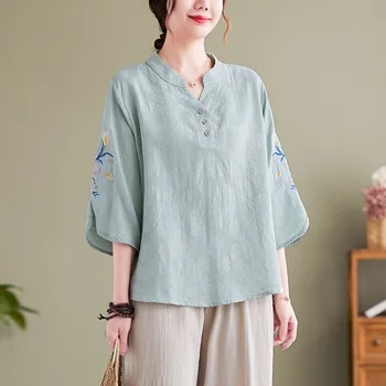 Жаккардовая хлопчатобумажная льняная блузка женская большого размера, летняя новая мода, ретро-шикарная элегантная повседневная рубашка с рукавом в семь точек с вышивкой
