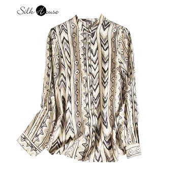 Женская мода 2022, новая универсальная одежда для пригородных поездок, уникальный дизайн печати, рисово-серая геометрическая рубашка из натурального шелка, шелковый топ с длинным рукавом