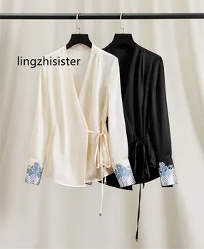 Женская модная блузка высшего качества в китайском стиле, винтажная атласная повязка с цветочной вышивкой, рубашка с V-образным вырезом, весенне-летний дизайн