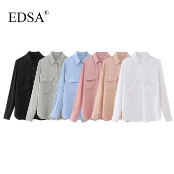 Женская элегантная однобортная рубашка EDSA из вискозы с двойными карманами с клапанами, длинными рукавами для офисных леди, топы с отложным воротником