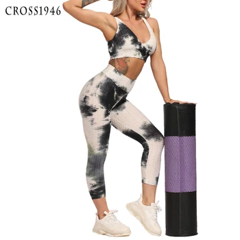 Женские бесшовные комплекты для йоги, одежда для фитнеса, леггинсы-капри для спортзала с высокой талией + спортивный бюстгальтер Пуш-ап, спортивная одежда для бега, спортивный костюм