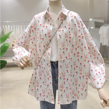 Женские блузки, модные Шикарные Свободные рубашки на пуговицах, женские винтажные прозрачные топы с длинными рукавами в корейском стиле с милым принтом Кролика