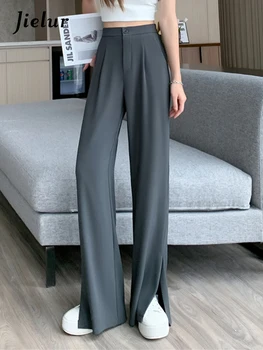 Женские брюки Jielur чистого цвета с прямым разрезом, тонкие повседневные Черные Свободные офисные женские Простые Женские широкие брюки