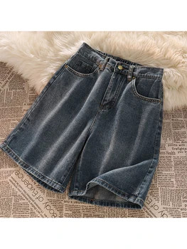 Женские джинсовые шорты длиной до колена, широкие шорты с высокой талией, Винтажные Корейские синие женские джинсы Harajuku, уличная одежда, Короткие брюки, Лето