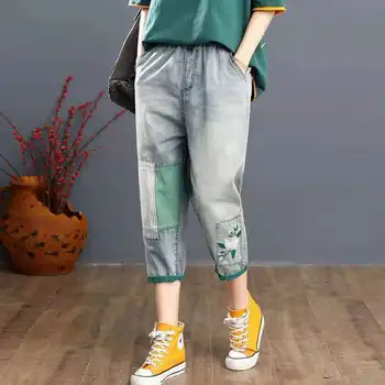 Женские летние джинсы с эластичной резинкой на талии, винтажные джинсовые брюки с вышивкой, повседневные шаровары в стиле ретро с цветочным рисунком длиной до колен, U246