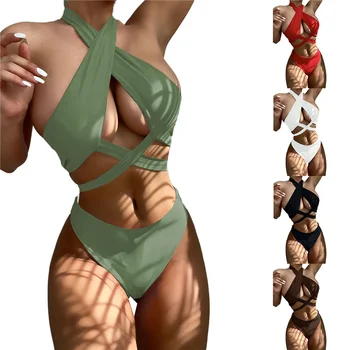 Женские плавательные топы-бикини на бретелях + трусы, однотонная летняя одежда с перекрестными ремешками