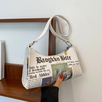Женские французские сумки через плечо из искусственной кожи, женские маленькие сумки с газетной печатью, сумки подмышками на одном ремне, сумки на молнии, подмышечные сумки