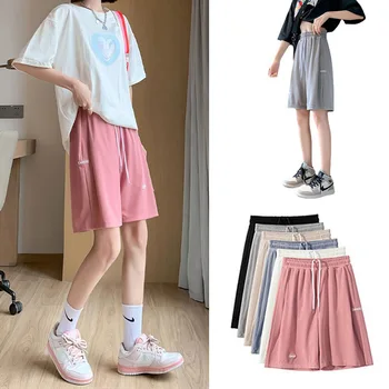 Женские шорты Harajuku, летняя высокая талия, широкие штанины, свободный шнурок, однотонные женские шорты, прямая поставка ZBB240