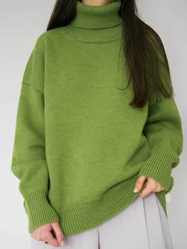 Женский свитер с высоким воротом, шикарный осенне-зимний Толстый Теплый пуловер, повседневный Свободный вязаный джемпер, женский пуловер