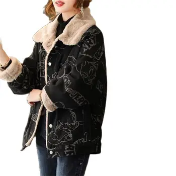 Женское велюровое пальто 2023, новые зимние пальто, женская мода, шерстяная строчка, джинсовый принт Хепберн, теплая верхняя одежда, джинсовые куртки