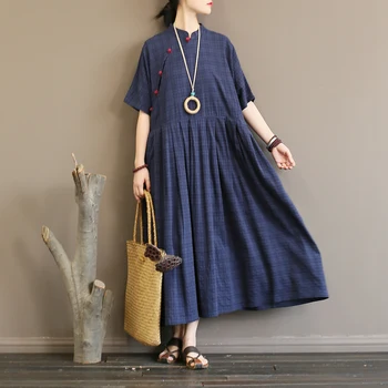 Женское винтажное клетчатое свободное платье с коротким рукавом, женское клетчатое Ретро-платье со стоячим воротником ручной работы на пуговицах, женское летнее платье 2022