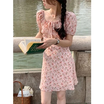 Женское летнее Мини-платье Y2k с розовым принтом, женское элегантное платье трапециевидной формы с квадратным воротником, Женское Корейское милое Праздничное пляжное платье