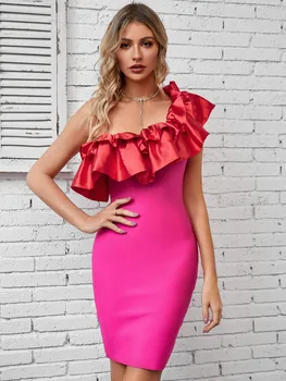 Женское летнее Сексуальное платье без рукавов с оборками на одно плечо, Розовое Мини 2023, Элегантное облегающее бандажное платье для вечеринки, сексуальное модное платье