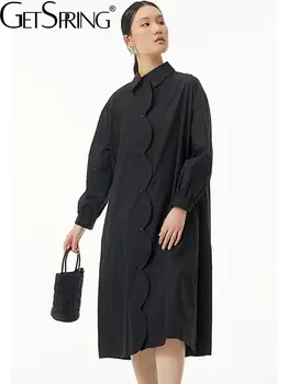 Женское платье Getspring 2022, модное свободное хлопчатобумажное платье-рубашка с длинным рукавом, черное асимметричное повседневное платье неправильной формы, весна-лето