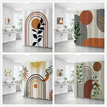 Занавеска для душа с абстрактным геометрическим рисунком Nordic Wind, ткань с зелеными растениями и цветами, Водонепроницаемый Полиэстер, Декор для ванной комнаты