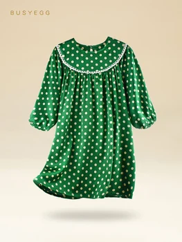 Зеленая винтажная детская ночная рубашка из натурального шелка с принтом в горошек, ночная рубашка из натурального шелка для девочек, детская летняя домашняя одежда с коротким рукавом