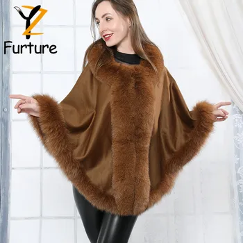 Зимнее женское роскошное кашемировое пальто-шаль с воротником из высококачественного натурального лисьего меха, теплые шерстяные кашемировые накидки, халаты в стиле летучей мыши.