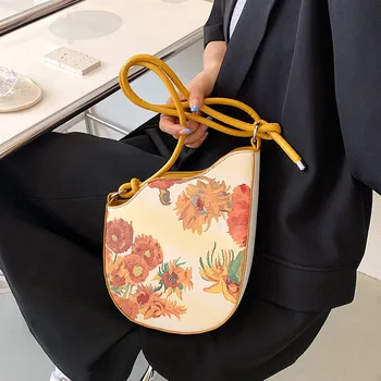 Картина маслом подсолнечника, Женская сумка под седло, 2023 Летние женские сумки через плечо из искусственной кожи, Элегантная шикарная сумочка