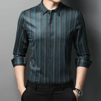 Классическая повседневная полосатая рубашка с длинным рукавом, мужская весенняя качественная, гладкая, удобная, шелковистая, роскошная Camisa Masculina