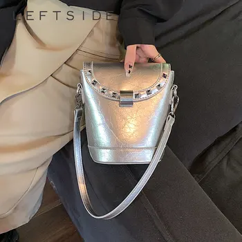 Кожаные Мини-серебристые сумки через плечо в стиле Y2K с заклепками для женщин 2023 года дизайна, Корейская мода, сумка-ведро, сумки через плечо