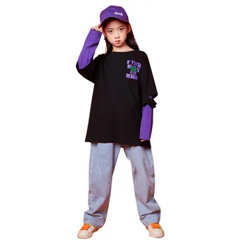 Комплект детской одежды в стиле хип-хоп, черная свитшот, уличная одежда для девочек, летний спортивный костюм для девочек, подростковые танцевальные костюмы.