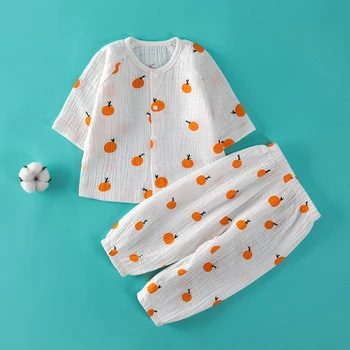 Комплект для маленьких детей, хлопковая тонкая газовая рубашка с длинными рукавами + штаны с принтом, весенне-летняя детская одежда для сна