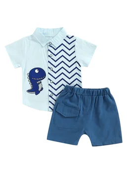 Комплект шорт для малышей и мальчиков с коротким рукавом и пуговицами в виде динозавра, комплект летних нарядов из 2 предметов, Гавайская одежда