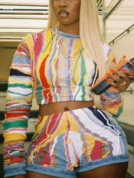 Комплект шорт с принтом LW по всему телу, женская разноцветная одежда из 2 предметов, футболка с длинным рукавом и шортами в обтяжку, модные комплекты