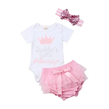 комплекты одежды для новорожденных девочек из 3 предметов, наряды принцессы, белый комбинезон, кружевные розовые шорты + повязка на голову