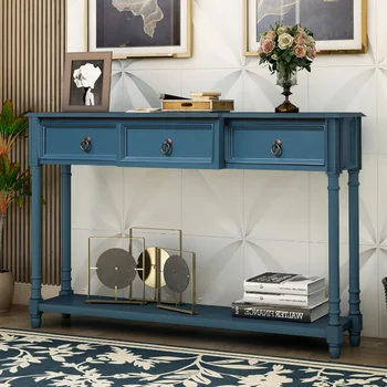 Консольный столик TREXM, диван-столик с выдвижными ящиками для прихожей и длинной полкой (античный темно-синий)
