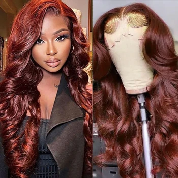 Красновато-коричневый синтетический парик на кружеве размером 13х4 см, прозрачный, термостойкий, бесклеевой, прямой, длинный, для косплея, парики для женщин, 180 плотности