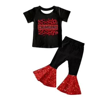 Красный леопардовый буквенный принт с блестками, Черные расклешенные брюки с коротким рукавом, Летний бутик одежды для девочек