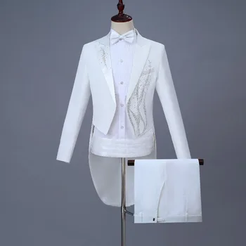(куртка + брюки) длинный белый мужской приталенный костюм жениха свадебное платье весна зима прилив комплектов из двух предметов Британский мужчина выпускной вечер бар