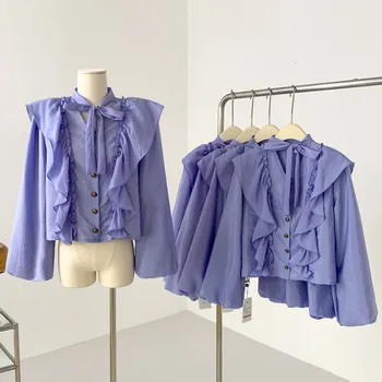 Лаури Лаки, Новая женская блузка с фиолетовыми оборками, роскошная однотонная рубашка с длинным рукавом во французском стиле, Весна-лето 2023, Топы