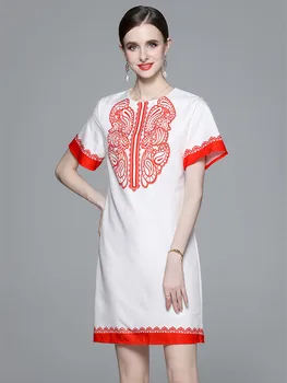 Летнее модное мини-платье красно-белого контрастного цвета с принтом Пейсли, элегантное платье с коротким рукавом и круглым вырезом, прямое платье на молнии.