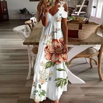 Летнее платье Макси в стиле бохо, женское длинное платье на бретельках с V-образным вырезом, женское повседневное Свободное платье для пляжной вечеринки с цветочным принтом, Vestidos
