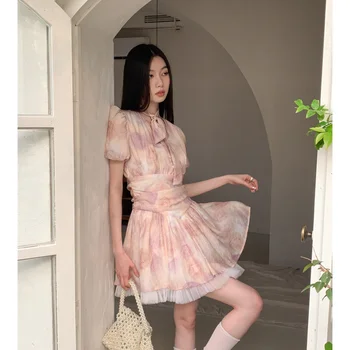 Летнее Розовое платье с кружевным принтом и оборками Женская Сексуальная Корейская мода Простой Темперамент 2023 НОВОЕ Женское платье Y2K