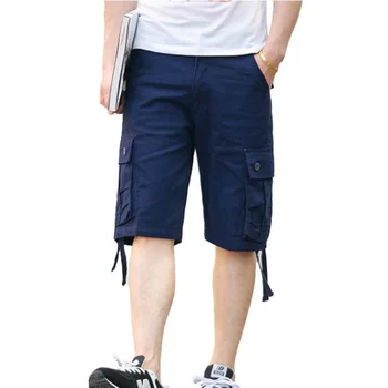 Летние Мужские повседневные хлопчатобумажные шорты-карго, комбинезоны, длинные бриджи с множеством карманов, военные брюки-капри, мужские укороченные брюки