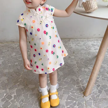Летние платья для девочек, яркое газовое платье с цветочной вышивкой, cheongsam 2023, новая детская одежда для малышей, детская одежда в китайском стиле